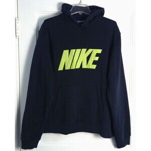Nike Hoodie Men XL Navy Blue Sweatshirt Spellout Logo Pullover Sweater Gym Warm